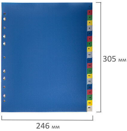 Разделитель пластиковый широкий BRAUBERG А4+, 20 листов, цифровой 1-20, оглавление, цветной, 225623
