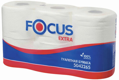 Бумага туалетная, спайка 6 шт., 2-слойная (6х48 м) Focus Extra, белая, 5067596, 5042265/5067596