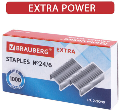 Скобы для степлера цинковое покрытие №24/6, 1000 штук, BRAUBERG "EXTRA", до 30 листов, 229299