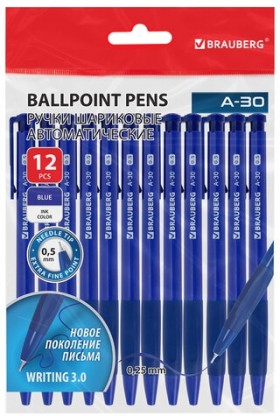 Ручки шариковые автоматические BRAUBERG A-30 "WRITING 3.0", КОМПЛЕКТ 12 ШТ, СИНИЕ, пишущий узел 0,5 мм, линия письма 0,25 мм, 144340