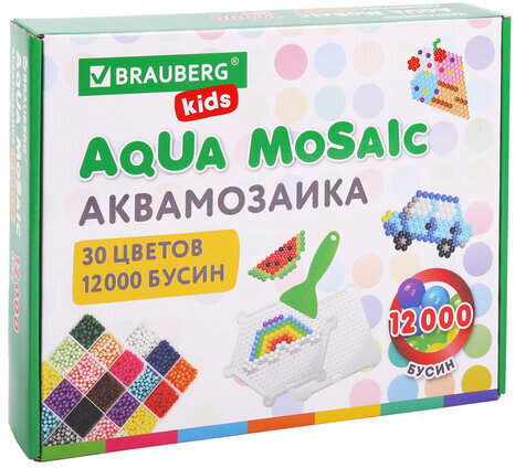 Аквамозаика 30 цветов 12000 бусин, с трафаретами, инструментами, аксессуарами, BRAUBERG KIDS, 664917
