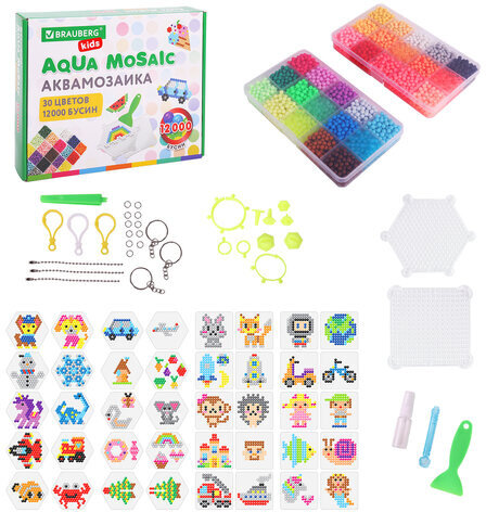 Аквамозаика 30 цветов 12000 бусин, с трафаретами, инструментами, аксессуарами, BRAUBERG KIDS, 664917