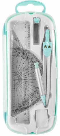 Готовальня BRAUBERG SCHOOL KIT, 9 предметов, циркуль 125 мм, чертежные принадлежности, мятный цвет, 210716