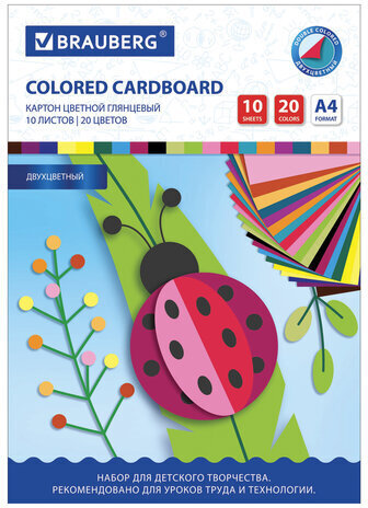 Картон цветной А4 2-цветный МЕЛОВАННЫЙ EXTRA, 10 листов, 20 цветов, в папке, BRAUBERG, 200х290 мм, 113553