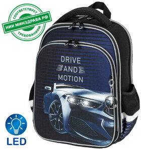 Ранец BRAUBERG QUADRO, 3 отделения, с брелоком, &quot;Sport car&quot;, LED-ЛАМПОЧКИ, 37х28х18 см, 271359