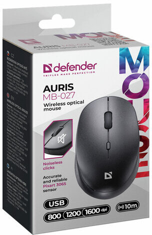 Мышь беспроводная DEFENDER Auris MB-027, USB, 3 кнопки + 1 колесо-кнопка, оптическая, черная, 52027