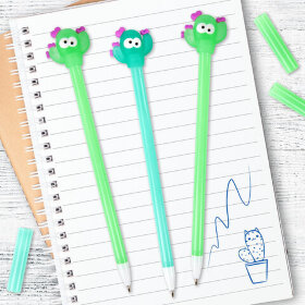 Ручка с топпером шариковая ЮНЛАНДИЯ &quot;Цветущий кактус&quot;, корпус ассорти, СИНЯЯ, пишущий узел 0,7 мм, 143781