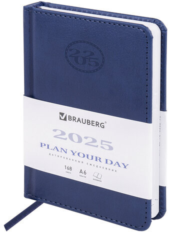 Ежедневник датированный 2025 МАЛЫЙ ФОРМАТ 100х150 мм А6, BRAUBERG "Favorite", под кожу, синий, 115742