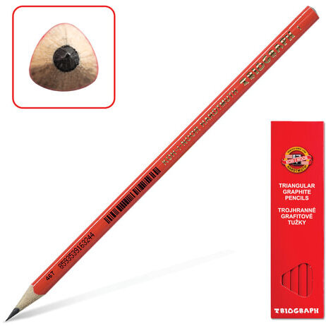 Карандаш чернографитный KOH-I-NOOR, 1 шт., "Triograph", B, трехгранный, без резинки, корпус красный, заточенный, 1802001001KSRU