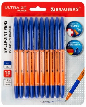 Ручки шариковые с грипом BRAUBERG "ULTRA GT ORANGE", НАБОР 10 ШТУК, СИНИЕ, 0,35 мм, блистер, 144057