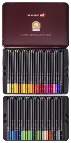 Карандаши цветные художественные BRAUBERG ART PREMIERE, НАБОР 48 цветов, 4 мм, металл кейс, 181694