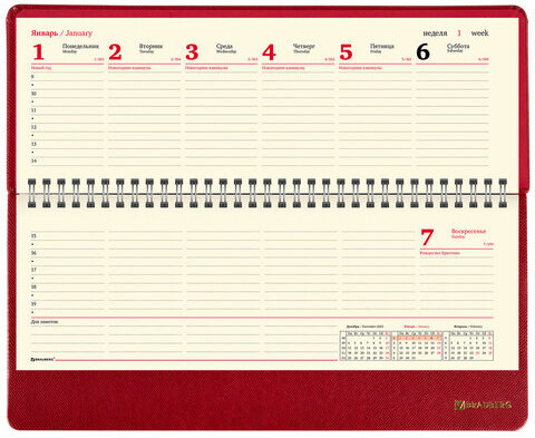Планинг датированный 2024 305х140 мм, BRAUBERG "Iguana", под кожу, красный, 114809
