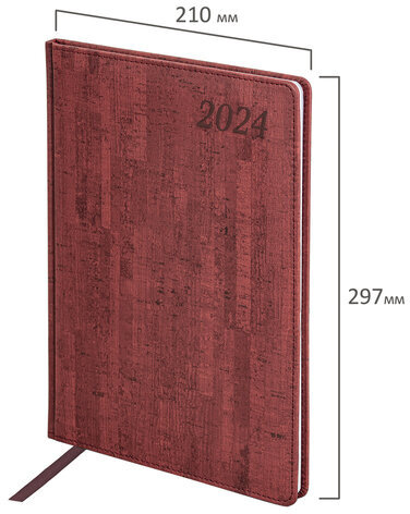 Еженедельник датированный 2024 БОЛЬШОЙ ФОРМАТ 210х297 мм А4, BRAUBERG "Wood", под кожу, бордовый, 115012