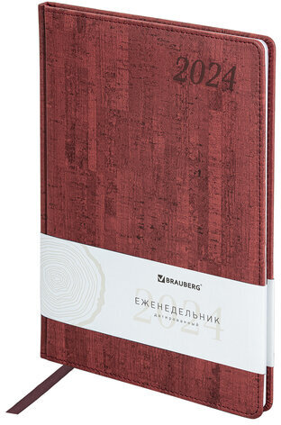 Еженедельник датированный 2024 БОЛЬШОЙ ФОРМАТ 210х297 мм А4, BRAUBERG "Wood", под кожу, бордовый, 115012