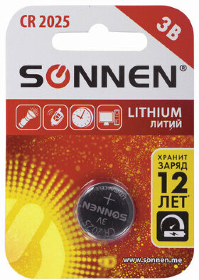 Батарейка SONNEN Lithium, CR2025, литиевая, 1 шт., в блистере, 451973