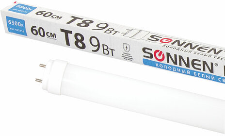 Лампа-трубка светодиодная SONNEN, 9 Вт, 30000 ч, 60 см, холодный белый (аналог 18 Вт люминесцентной лампы), LED T8-9W-6500-G13, 453716
