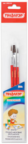 Кисти ПИФАГОР, набор 3 шт. (пушно-меховая: круглая № 2, плоская № 6; ПОНИ: круглая № 3), пакет с европодвесом, 200230