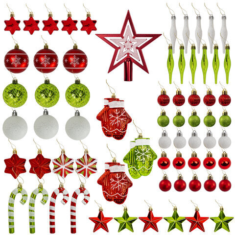 Шары новогодние ёлочные "Red&Lime", НАБОР 67 предметов, красный/зелёный, пластик, ЗОЛОТАЯ СКАЗКА, 592184