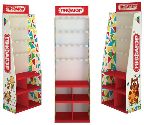 Стойка для размещения товара напольная ПИФАГОР, 200х60х40 см, 3 полки, 25 крючков, картон, 503692