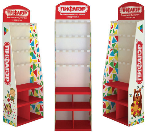 Стойка для размещения товара напольная ПИФАГОР, 200х60х40 см, 3 полки, 25 крючков, картон, 503692