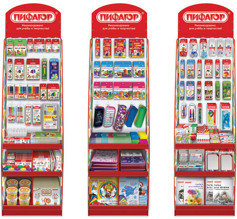 Стойка для размещения товара напольная ПИФАГОР, 200х60х40 см, 3 полки, 25 крючков, картон, 503692