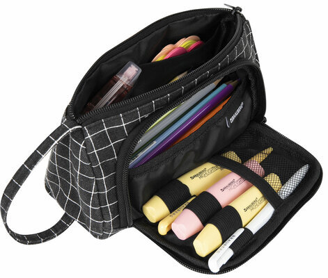 Пенал-косметичка BRAUBERG с ручкой, 1 откидная планка, полиэстер, 22x10х8 см, "Checkered black", 271559