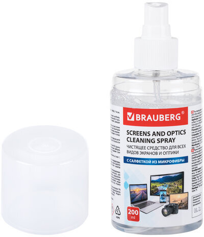 Чистящий набор для экранов всех типов и оптики BRAUBERG, комплект салфетка и спрей, 200 мл, 513560, наш