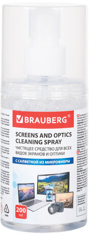 Чистящий набор для экранов всех типов и оптики BRAUBERG, комплект салфетка и спрей, 200 мл, 513560, наш