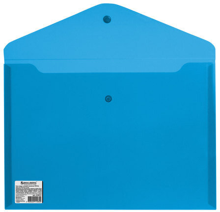 Папка-конверт с кнопкой BRAUBERG, А4, до 100 листов, прозрачная, синяя, СВЕРХПРОЧНАЯ 0,18 мм, 224813