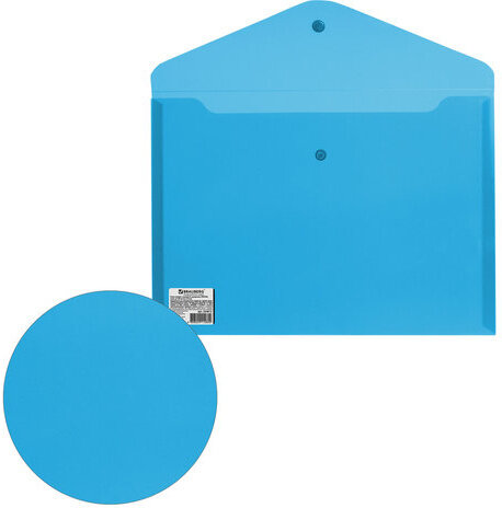 Папка-конверт с кнопкой BRAUBERG, А4, до 100 листов, прозрачная, синяя, СВЕРХПРОЧНАЯ 0,18 мм, 224813