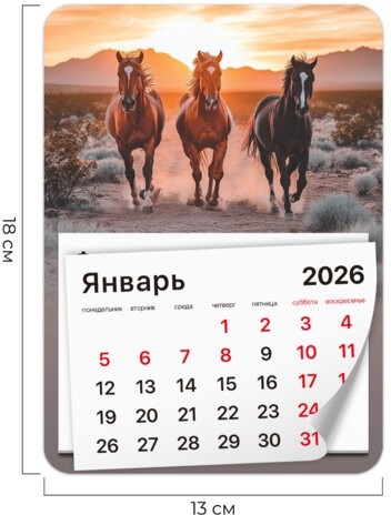 Календарь отрывной на магните на 2026 г., BRAUBERG, 130x180 мм, склейка, "Лошади", 117291