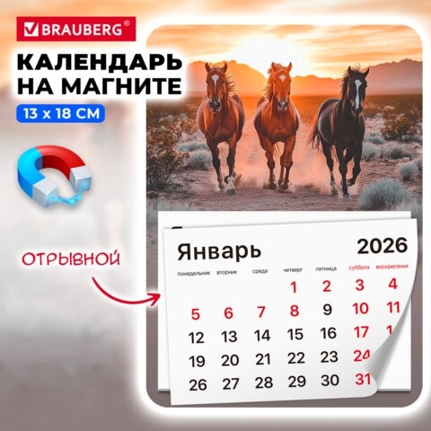 Календарь отрывной на магните на 2026 г., BRAUBERG, 130x180 мм, склейка, "Лошади", 117291