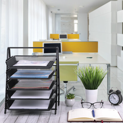 Лоток горизонтальный для бумаг BRAUBERG "Germainum", 5 секций, 370х355х295 мм, металл, черный, 237971