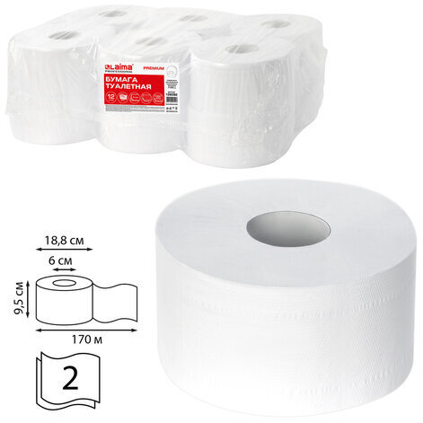 Бумага туалетная 170 м, LAIMA (T2), PREMIUM, 2-слойная, цвет белый, КОМПЛЕКТ 12 рулонов, 126092