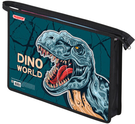 Папка для тетрадей ПИФАГОР А4, 1 отделение, картон/пластик, на молнии, "Dino world", 272131