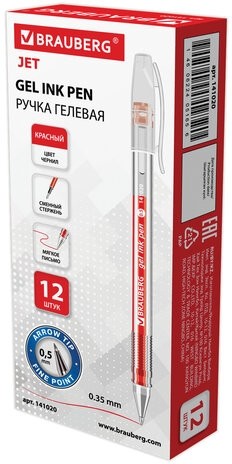 Ручка гелевая BRAUBERG "Jet", КРАСНАЯ, корпус прозрачный, узел 0,5 мм, линия письма 0,35 мм, 141020
