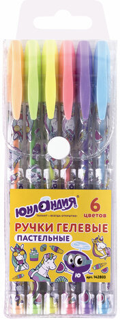 Ручки гелевые ЮНЛАНДИЯ, НАБОР 6 ЦВЕТОВ, ПАСТЕЛЬ, корпус с печатью, узел 0,7 мм, линия письма 0,5 мм, 142803