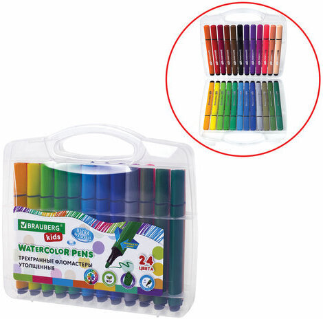 Фломастеры в пластиковом кейсе трехгранные утолщенные УЛЬТРАСМЫВАЕМЫЕ, BRAUBERG KIDS, 24 цвета, 152192