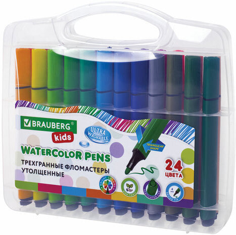 Фломастеры в пластиковом кейсе трехгранные утолщенные УЛЬТРАСМЫВАЕМЫЕ, BRAUBERG KIDS, 24 цвета, 152192