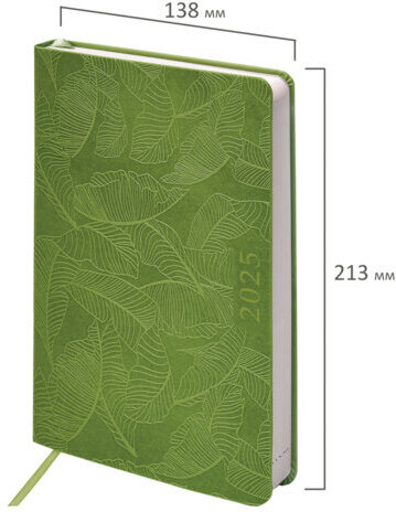 Ежедневник датированный 2025, А5, 138x213 мм, BRAUBERG "Foliage", под кожу гибкий, зеленый, 115854