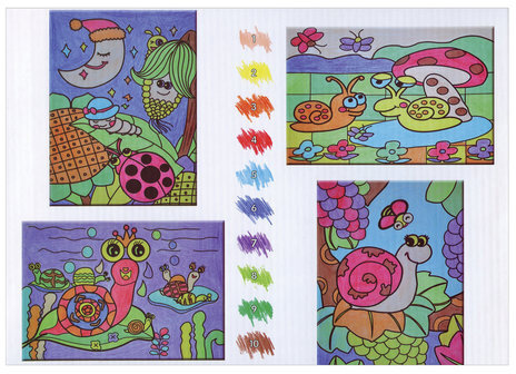 Раскраска по номерам А4, ЮНЛАНДИЯ "УЛИТКИ", С ВОСКОВЫМИ МЕЛКАМИ, 4 картинки, 661612