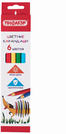 Карандаши цветные ПИФАГОР "Веселая такса", 6 цветов, классические, заточенные, 181805