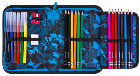 Пенал BRAUBERG с наполнением, 1 отделение, 1 откидная планка, 24 предмета, 21х14 см, "Night race", 272352