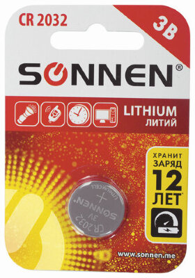 Батарейка SONNEN Lithium, CR2032, литиевая, 1 шт., в блистере, 451974