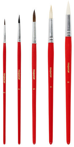 Кисти ПИФАГОР, набор 5 шт. (БЕЛКА: круглая № 3; КОЗА: круглые № 6, 8; ПОНИ: круглые № 2, 5), пакет с европодвесом, 200231