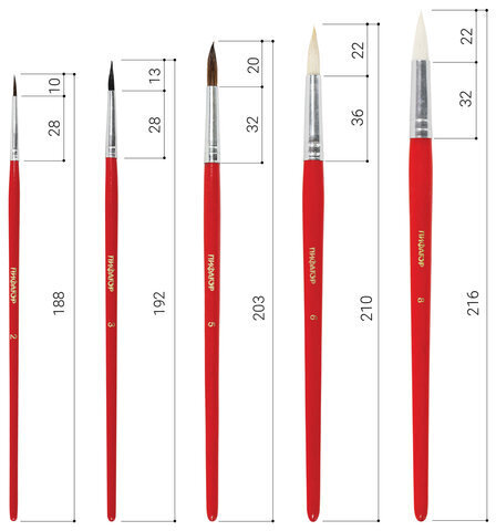 Кисти ПИФАГОР, набор 5 шт. (БЕЛКА: круглая № 3; КОЗА: круглые № 6, 8; ПОНИ: круглые № 2, 5), пакет с европодвесом, 200231