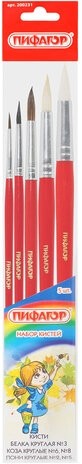 Кисти ПИФАГОР, набор 5 шт. (БЕЛКА: круглая № 3; КОЗА: круглые № 6, 8; ПОНИ: круглые № 2, 5), пакет с европодвесом, 200231