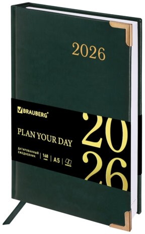 Ежедневник датированный 2026 А5 138x213мм BRAUBERG Senator, под кожу, зеленый, 117092
