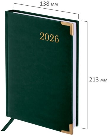 Ежедневник датированный 2026 А5 138x213мм BRAUBERG Senator, под кожу, зеленый, 117092