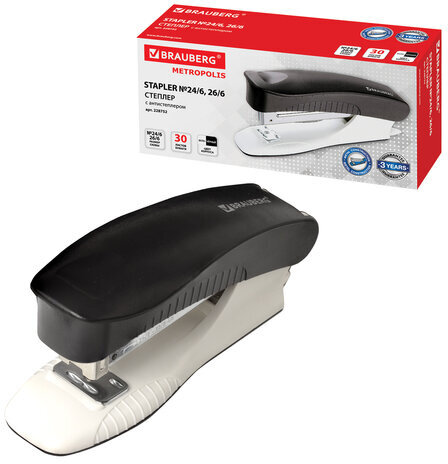 Степлер №24/6, 26/6 BRAUBERG "METROPOLIS", до 30 листов, черный, 228752